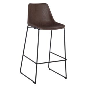 Barová židle čalouněná hnědou ekokůží na černé kovové konstrukci DO114