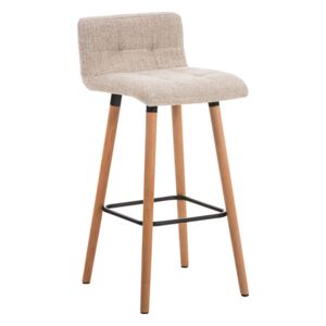 Barová židle čalouněná krémovou látkou s dřevěnou podnoží DO179
