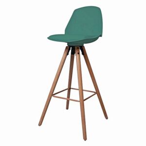Barová židle v zelené barvě na dřevěné podnoži v dekoru dub DO046