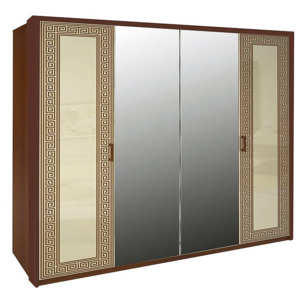 Čtyřdveřová šatní skříň NICOLA se zrcadlem, 183x212,5x55, vanilka lesk/třešeň