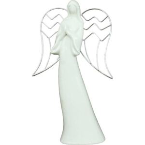 Anděl, porcelánová dekorace, bílá lesklá glazura, kovová křídla AND173 Art