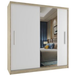 Šatní skříň s bílými posuvnými dveřmi úzkým zrcadlem šířka 158 cm dub sonoma korpus Plastové