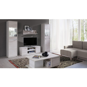 Obývací stěna KOLOREDO 2 + LED - TV stolek RTV2D + 2x vitrína s LED + konf. stolek + polička, dub bílý/bílá lesk