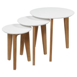 SCANDI Bílý set konferenčních stolků Alvin s dubovou podnoží 50/35/30 cm