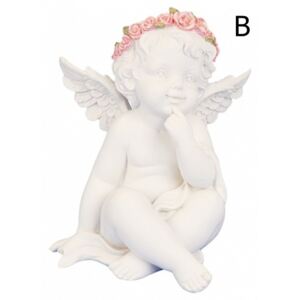 Sedící andělíček s růžemi 14 cm levý ukazováček opířá o bradu