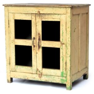 Skříňka z antik teakového dřeva s prosklenými dvířky, bílá patina, 79x58x86cm