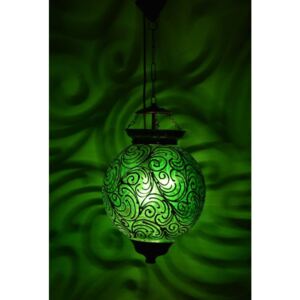 Kulatá skleněná lampa zdobená zlatými ornamenty, zelená, 25x35cm