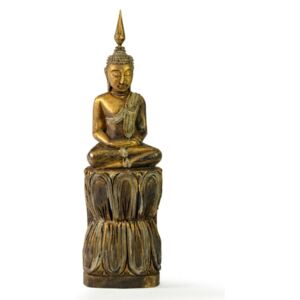 Narozeninový Buddha, čtvrtek, teak, zlatá patina, 26cm