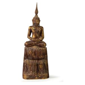 Narozeninový Buddha, čtvrtek, teak, hnědá patina, 35cm