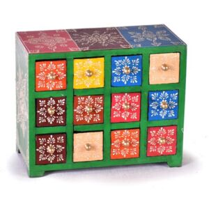 Dřevěná skříňka s 12 šuplíky, ručně malovaná, zelená, 25x14x21cm