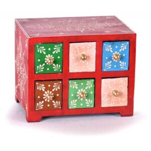 Dřevěná skříňka s 6 šuplíky, ručně malovaná, červená, 19x14x15cm