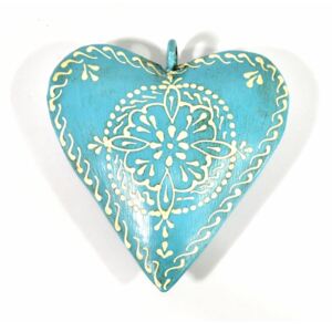 Závěsná dekorace - tyrkysové ručně malované srdce, kov, 11x3x11cm