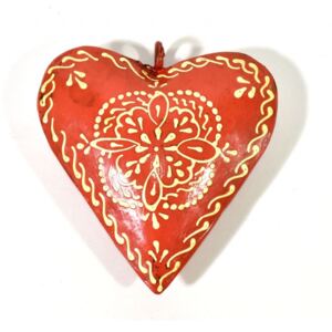 Závěsná dekorace - oranžové ručně malované srdce, kov, 10x3x10cm
