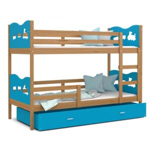 Dětská patrová postel MAX 200x90 cm s olše konstrukcí v modré barvě s VLÁČKEM