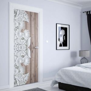 GLIX Fototapeta na dveře - Vintage Chic 3D Carved White Flowers Wood Plank Texture | 91x211 cm