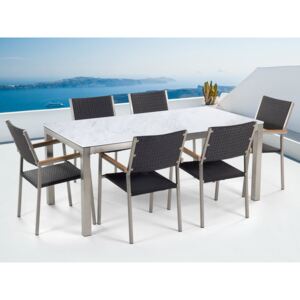 Sada zahradního nábytku stůl s bílou keramickou deskou 180 x 90 cm 6 rattanových židlí GROSSETO