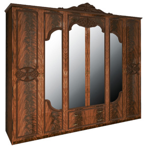 Šestidveřová šatní skříň PAPAYA se zrcadlem a šuplíky, 279x232x59,5, ořech