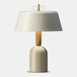 Torremato Bon Ton, stolní lampa z mosazi, dřeva, béžová základna, šedé stínítko, 3x30W E14, výška 56,9cm