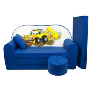 Dětská rozkládací pohovka + taburet Bagr modrá