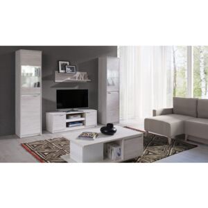 Obývací stěna DENVER 2 - TV stolek RTV2D + 2x vitrína + konf. stolek + polička, dub bílý/bílá lesk