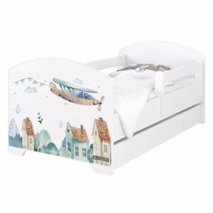 Dětská postel Domečky a letadlo Bílá 140x70 cm - 1x krátká + 1x dlouhá zábrana bez šuplíku