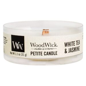 WoodWick - vonná svíčka Petite, White Tea & Jasmine (Bílý čaj a jasmín) 31g (Bílý čaj s nádechem jasmínu se jemně mísí s vůní červeného cedru a růže...)