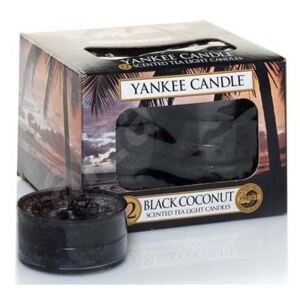 Yankee Candle - čajové svíčky Black Coconut (Černý kokos) 12ks (Západ slunce v ráji... Sytý sladký kokos, cedr a ostrovní květy slibují večery, plné luxusního klidu.)