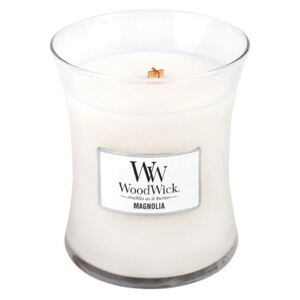 WoodWick - vonná svíčka Magnolia (Magnólie) 275g (Sladké magnóliové květy v kombinaci zelených listů a bílých květin.)