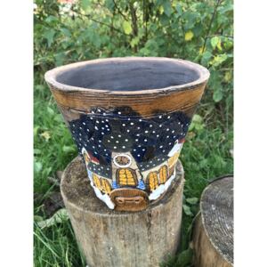 Keramika Javorník květináč - vánoční město 20 x 18 cm, hnědý