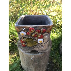 Keramika Javorník květináč hranatý- jahody 11 x 14 cm, hnědý