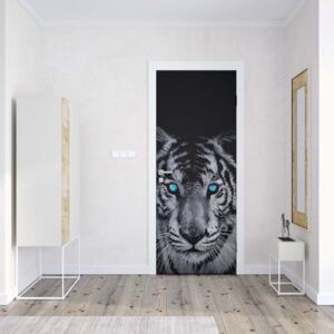 GLIX Fototapeta na dveře - Black And White Tiger Blue Eyes | 91x211 cm
