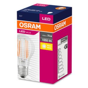 OSRAM LED Filament VALUE ClasA 230V 8W 827 E27 / 1055lm / 2700K / 10000h / noDIM / A++ / Sklo čiré / 1ks (4058075153561) - Osram LED žárovka CLA FIL E27 8W 75W teplá bílá 2700K