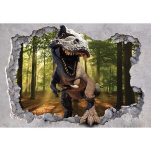 Fototapeta, Tapeta Dinosaur 3D Jumping Out Of Hole In Wall, (104 x 70.5 cm)
