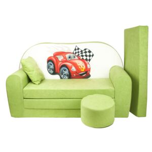 Dětská rozkládací pohovka + taburet Auto zelená