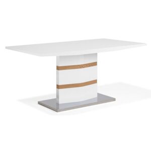 Bílý jídelní stůl 160 x 90 cm se základnou s nerezové oceli, zdobeny dřevěnými lišty FREMONT