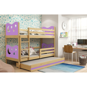Patrová postel KAMIL 3 + matrace + rošt ZDARMA, 80x160, borovice, fialová