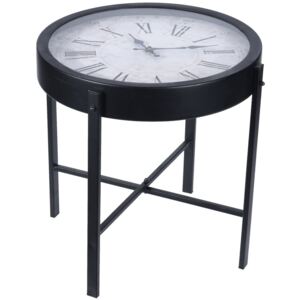 Kulatý konferenční stolek ve tvaru hodin, černý stůl na kovových nohách se skleněným pultem