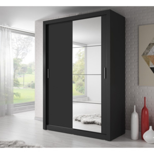 Šatní skříň 150 cm s posuvnými dveřmi se zrcadlem v černé barvě KN698