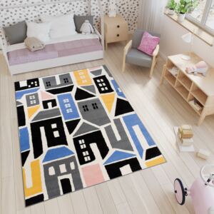 Dětský koberec NOX městečko - modrý/žlutý/růžový